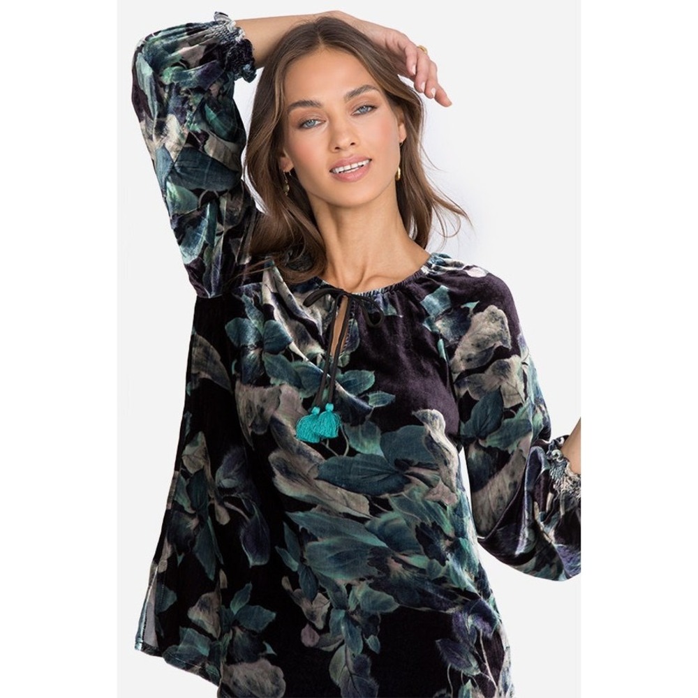 NWT JOHNNY WAS Glowing Iris Bishop Sleeve Peasant Silk Blend Velvet Blouse Sz XS